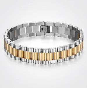 Polished two-tone silver and gold stainless steel men's wide chain link bracelet