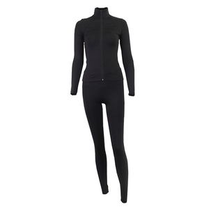 Front view of black two-piece yoga set with zip-up stand collar jacket and leggings