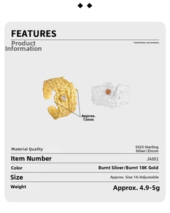 Detailed spec sheet of irregular textured S925 silver ring with zircon in silver and gold
