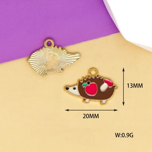 Detail of hedgehog enamel charms showing front and back with 20x13mm size markings
