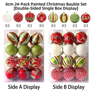 Set mit 24 rot-grünen Weihnachtskugeln mit 8 verschiedenen festlichen Motiven