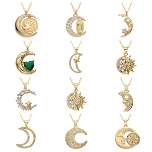Western Ethnic Copper Celestial Pendant Necklace Gold Pave Rhinestone Moon Sun Clavicle Chain Jewelry For Women Gift