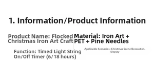 Technical specifications for flocked Christmas ironwork with timer LED light function