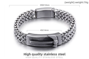 Macro detail of industrial stainless steel bracelet with 78g weight and 230x12mm dimensions