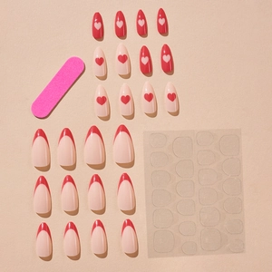 Almond ballet press-on nail kit with red heart designs and French tips, 24 pieces set
