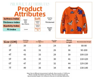 Detailed size guide and specifications for kids long sleeve animal print sweatshirt