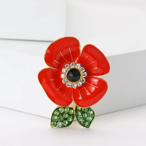 Red Poppy Flower Brooch Elegant Enamel Rhinestone Alloy Floral Pin For Women Vintage Fashion Accessory