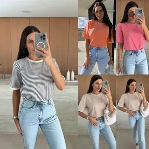 T-Shirt Rayé Femme Polyester Manches Courtes Col Rond Coupe Ample Décontracté Été Style Commuter Color Block Top