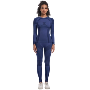 Detailed knit texture and seamless design of navy blue women athletic base layer set