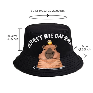 Black Capybara bucket hat with 'Respect the Capybara' print and size measurements