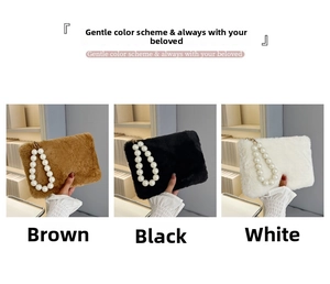 Detailed comparison of plush handbags in brown, black, and white with pearl handles
