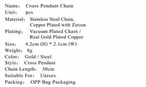 Detail specifications of zircon cross necklace with dimensions and materials listed