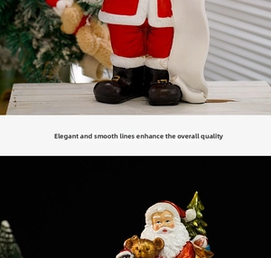 Close-up of resin Santa figurine holding a golden bear and a green Christmas tree