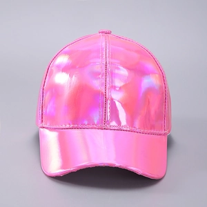 Detail showing high-shine holographic pink PU waterproof material on a baseball cap