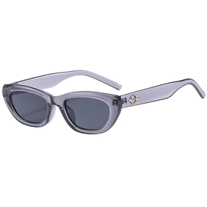Retro cat-eye sunglasses with translucent purple frames and dark grey lenses, 45-degree view
