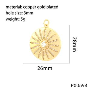 Detail of 28mm gold-plated sunburst pendant with dimensions and zircon inlay specs