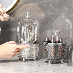 Luxury rotating makeup brush holder with dustproof bear lid and silver textured base