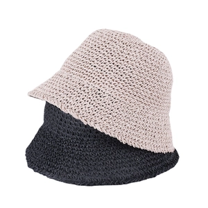 Foldable straw bucket hat for women in beige and black, breathable summer sun protection