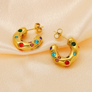 18K gold plated stainless steel C-shape earrings with colorful crystals on silk