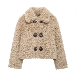Women Faux Shearling Jacket Lamb Wool Texture Short Coat Faux Fur Outerwear Leather Toggle Buckles Turn Down Collar Warm