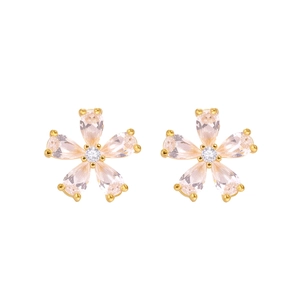Elegant gold flower stud earrings with pink crystal petals and central zircon stones