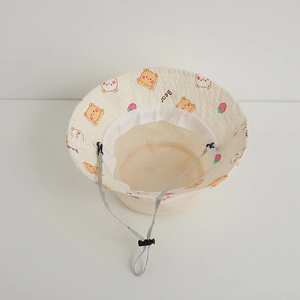 Detail of kids sun hat featuring breathable mesh lining and cute bear print design