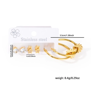 Three-piece gold plated stainless steel set featuring star, zircon studs and daisy hoop earrings