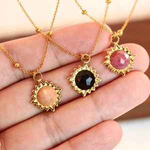 14K gold plated sun pendant necklace with multifaceted colorful natural stones on bead chain