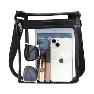 Transparent PVC crossbody messenger bag with black strap showing internal storage space