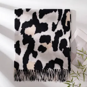 Imitation Cashmere Scarf Long Animal Print Cow Leopard Pattern With Tassel Fringe Soft Warm Winter Shawl For Women
