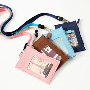 ID Card Holder Wallet With Lanyard PU Leather Cross Pattern Zip Pocket Multiple Slots Neck Hanging For Office School