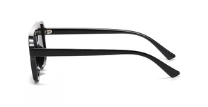Detailed side view of black double-bridge sunglasses with thick frames and metal hinges