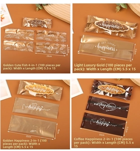 Macro shot of 5.5x15cm food-grade heat seal bags for snacks with gold happiness patterns