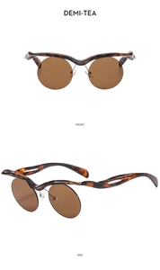 Front and side view of demi frame sunglasses with tea lenses and unique wing bridge