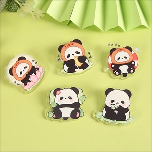 Cute panda acrylic brooch pins set with motivational Chinese text in fresh green setting