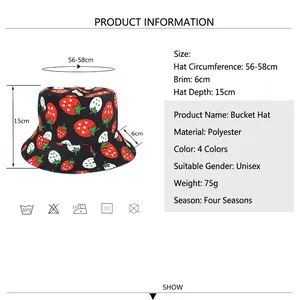 Unisex black strawberry print fisherman hat with polyester fabric and 56-58cm brim size