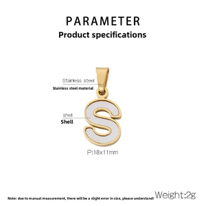 Detail view of 18K gold-plated S-letter pendant with white shell inlay, size 18x11mm
