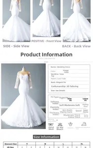 Detailed sizing chart and material specs for mermaid white lace bridal wedding gown