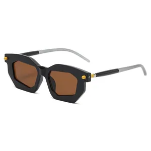 Modern geometric thick frame sunglasses with brown lenses and yellow rivet accents