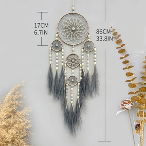 Grey dream catcher with star weave and feathers for bohemian style wall hanging decor