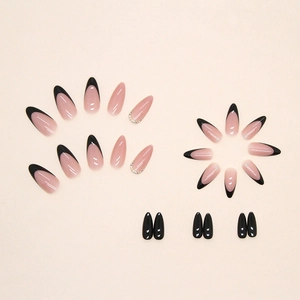 French black almond press-on nails set with rhinestones and glossy finish