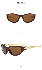 Detail view of tea-colored sunglasses with gold metal temples from front and side angles