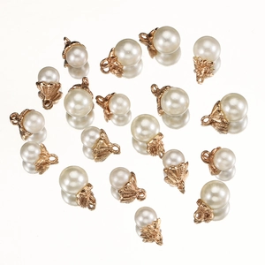 Mini round pearl charms with gold floral caps and hanging loops for jewelry making