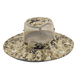 Close-up of tactical camo sun hat featuring breathable mesh panels and wide stiff brim