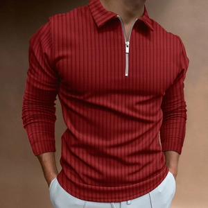 Detail of burgundy ribbed polo shirt with silver half-zip collar and long sleeves