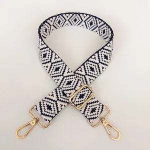 Detail showing dark blue geometric rhombus pattern weave and gold metal hardware