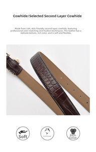 Detailed view of dark brown split leather belt featuring premium crocodile embossing