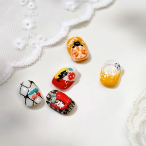 Cute embossed cat and fruit nail art stickers with red apple and orange patterns