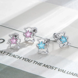Minimalist silver bear stud earrings with pink and blue star-shaped zircon stones