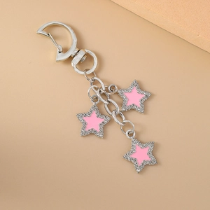 Sparkling silver star keychain with pink enamel and crystals on a D-ring clasp